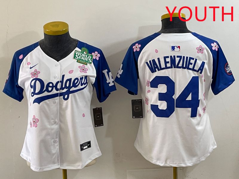Youth Los Angeles Dodgers #34 Valenzuela White Blue Sakura Edition 2025 Nike MLB Jersey style 34->youth mlb jersey->Youth Jersey